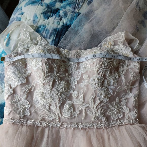 NWOT: Blush / Cashmere Pearl Beaded Lace & Tulle Ballgown with Ribbon Belt - Picture 11 of 12